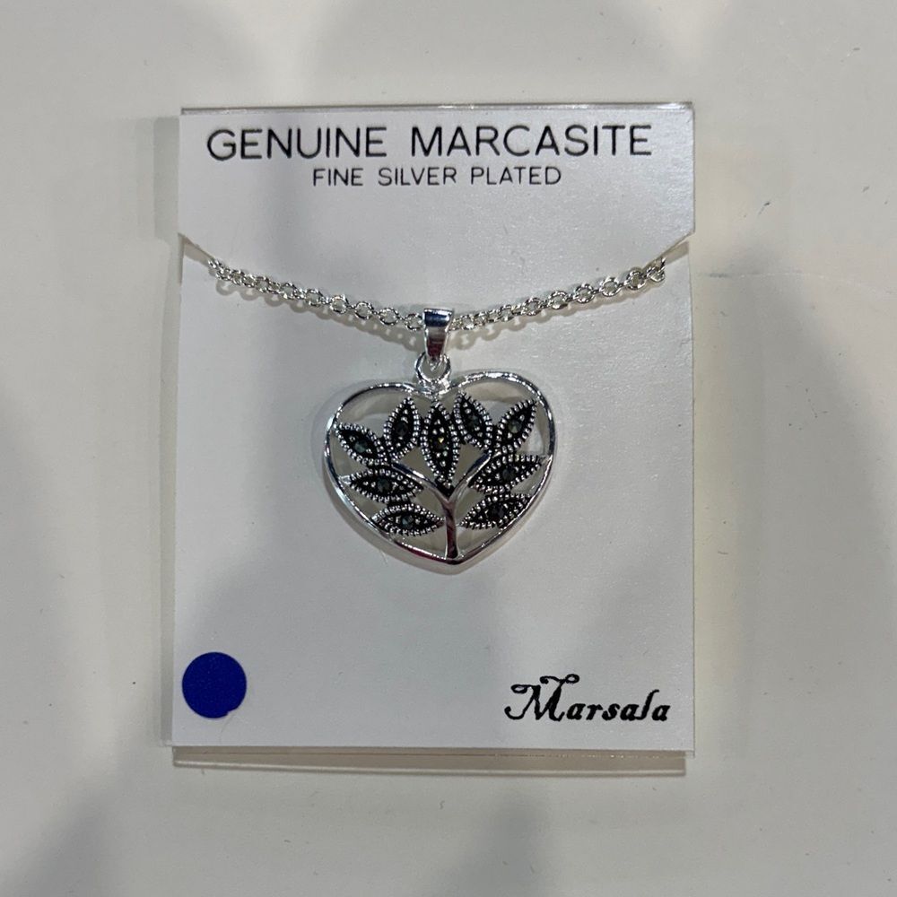 Silver Plated Heart Genuine Marcasite Necklace Marsala